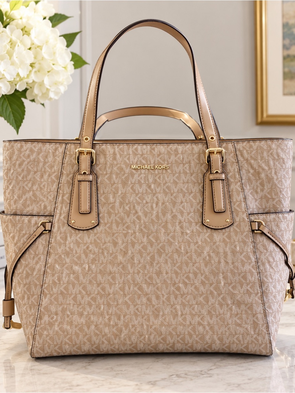 Michael Kors Beige/Tan Signature Logo Tote with Gold Hardware